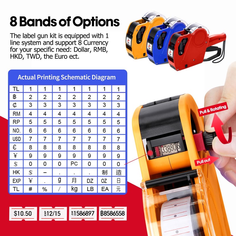 KPX Pricing Tag Gun, 8 Digits, 5150 White Labels, Yellow (Rectangular, Paper, 21*12 mm), One Touch Open System, Incl 3 Inker Rollers - Image 3
